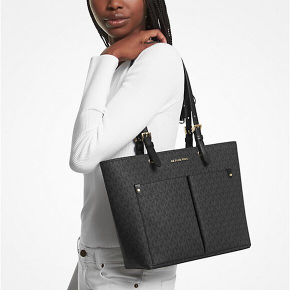 New Michael Kors Jet Set Travel Medium Double Pocket Logo Tote Black - Picture 2 of 3